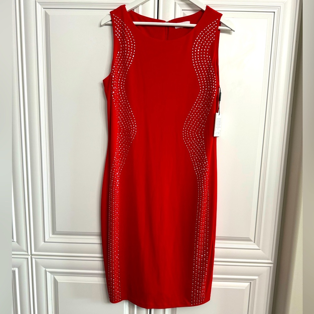 NWT Calvin Klein Size 12 Sleeveless Red w/Silver Beaded Panel Sheath Midi Dress